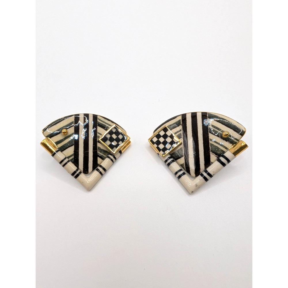 Vintage Porcelain Earrings Memphis Art Deco Black White Gold Tone Fan NOS 1.75"